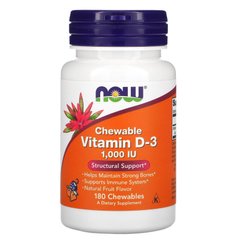 Жевательный Витамин Д3, Chewable Vitamin D-3, Now Foods, фруктовый вкус, 1000 МЕ, 180 конфет