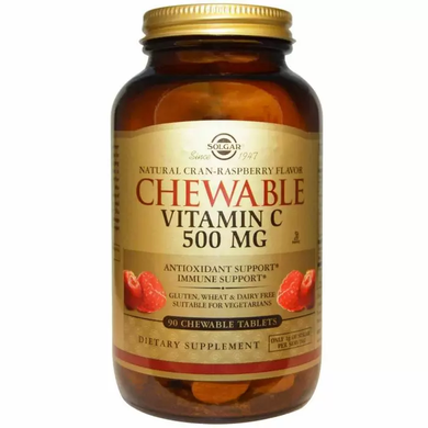 Витамин С жевательный, Chewable Vitamin C, Solgar, малина, 500 мг, 90 таблеток
