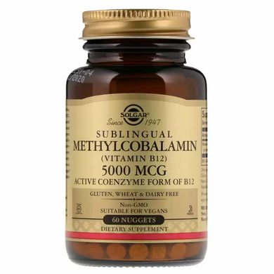 Витамин В12 (метилкобаламин), Methylcobalamin (Vitamin B12), Solgar, сублингвальный, 5000 мкг, 60 таблеток