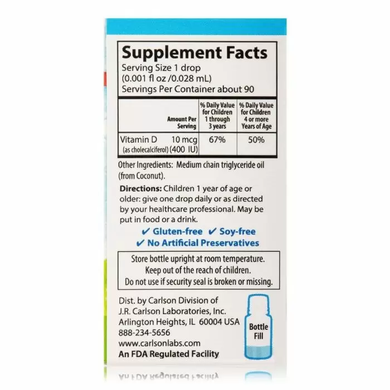 Витамин Д3 для детей, Super Daily D3, Carlson Labs, 400 МЕ, 2.54 мл