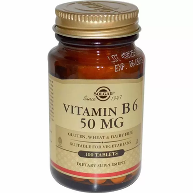 Витамин В6 (пиридоксин), Vitamin B6, Solgar, 50 мг, 100 таблеток
