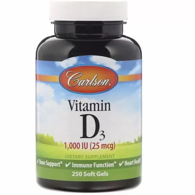 Вітамін D3, Vitamin D3, Carlson Labs, 1000 МО (25 мкг), 250 гелевих капсул