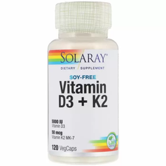 Витамины Д3 и К2, Vitamin D-3+K-2, Solaray, без сои, 120 капсул