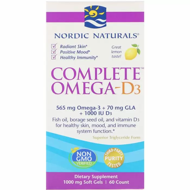 Омега 3 6 9 + Д3, Complete Omega-D3, Nordic Naturals, лимонный вкус, 1000 мг, 60 капсул