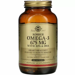 Омега-3, Kosher Omega-3, Solgar, кошерный, 675 мг, 100 гелевых капсул