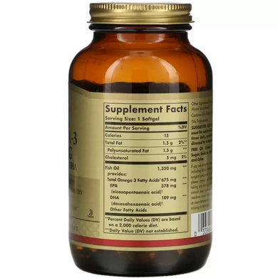 Омега-3, Kosher Omega-3, Solgar, кошерний, 675 мг, 100 гелевих капсул