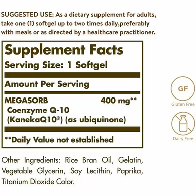Коэнзим Q10, Megasorb CoQ-10, Solgar, 400 мг, 30 гелевых капсул