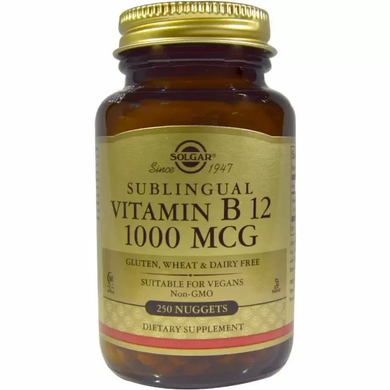 Витамин В12 (цианокобаламин), Vitamin B12, Solgar, сублингвальный, 1000 мкг, 250 таблеток