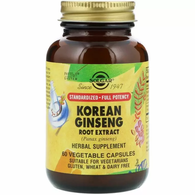 Женьшень корейский, Korean Ginseng, Solgar, экстракт корня, 60 капсул