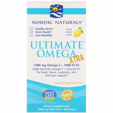 Екстра Омега-3, Ultimate Omega Xtra, Nordic Naturals, лимон, 1000 мг, 60 капсул