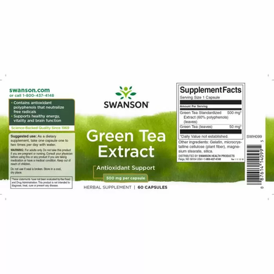 Зеленый чай, экстракт, Green Tea Extract, Swanson, 500 мг, 60 капсул