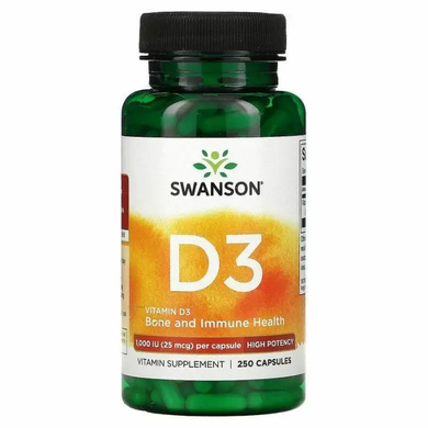 Вітамін Д3, Vitamin D-3, Swanson, 1000 МО (25 мкг), високоефективний, 250 капсул