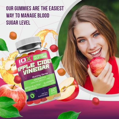 Яблучний сидровий оцет, Apple Cider Vinegar, 10X Nutrition USA, 60 жувальних цукерок
