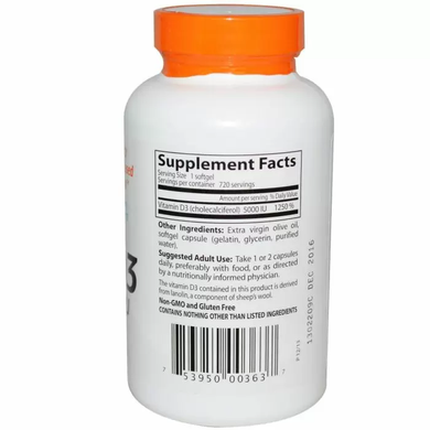 Витамин D3 (холекальциферол), Vitamin D3, Doctor's Best, 125 mcg 5000 МЕ, 720 капсул