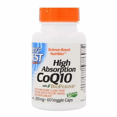 Коэнзим Q10, CoQ10 with BioPerine, Doctor's Best, биоперин, 200 мг, 60 жидких капсул