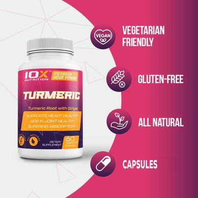 Корінь куркуми, Turmeric, 10X Nutrition USA, 1600 мг, 60 веганських капсул