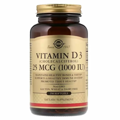 Вітамін Д3 (холекальциферол), Vitamin D3, Solgar, 1000 МО, 250 капсул