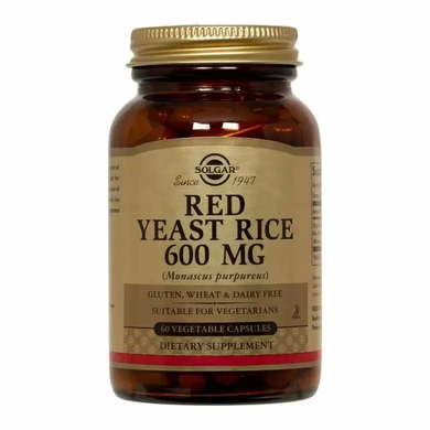 Червоний дріжджовий рис, Red Yeast Rice, Solgar, 600 мг, 60 капсул