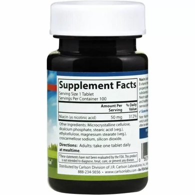 Ніацин (Вітамін В3), Niacin, Carlson Labs, 50 мг, 100 таблеток