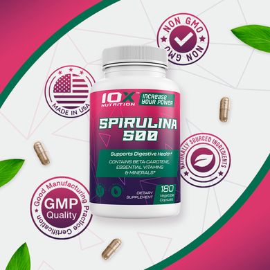 Спіруліна 500, Spirulina 500, 10X Nutrition USA, 1000 мг, 180 веганських капсул