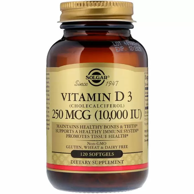 Витамин Д3 (холекальциферол), Vitamin D3, Solgar, 10000 МЕ, 120 капсул