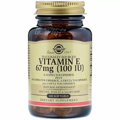 Витамин Е (d-альфа-токоферол), Vitamin E, Solgar, натуральный, 67 мг (100 МЕ), 100 капсул