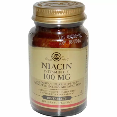 Вітамін В3, Niacin, Solgar, 100 мг, 100 таблеток