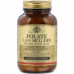 Фолат, Folate, Solgar, фолієва кислота, 800 мкг, 250 вегетаріанських капсул