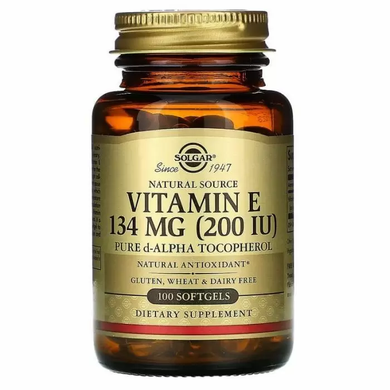 Витамин Е, Vitamin E, Solgar, чистый токоферол, 200 МЕ, 100 капсул