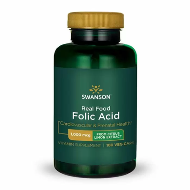 Фолієва кислота, Ultra Real Food Folic Acid, Swanson 1000 мкг, 100 вегетаріанських капсул
