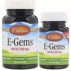 Витамин Е, Vitamin E, E-Gems, Carlson Labs, 268 мг (400 МЕ), 2 банки, 90 + 44 капсулы