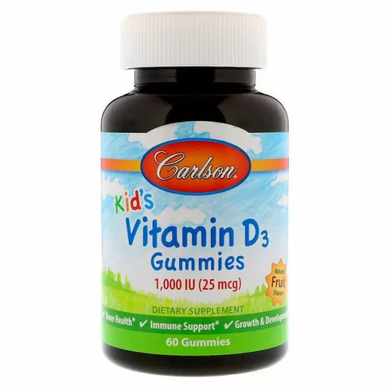 Вітамін Д3 для дітей, Vitamin D3 Gummies, Carlson Labs, фруктовий смак, 1,000 МО, 60 жувальних цукерок