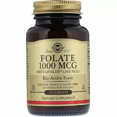 Фолат, метафолин, Folate, Solgar, 1000 мкг, 120 таблеток