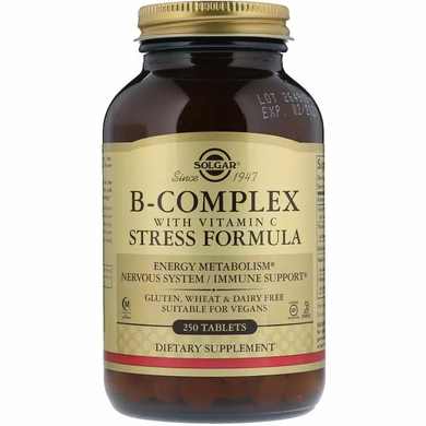 Комплекс вітамінів В + С, B-Complex with Vitamin C, Solgar, стрес формула, 250 таблеток
