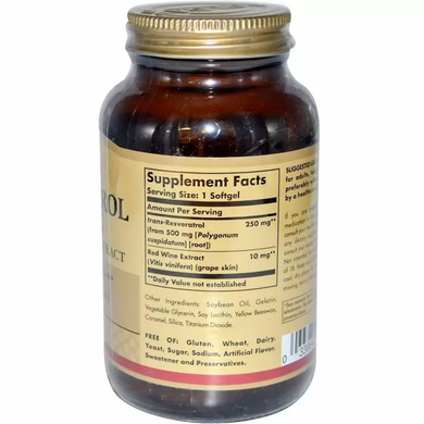 Ресвератрол (Resveratrol), Solgar, 250 мг, 60 капсул