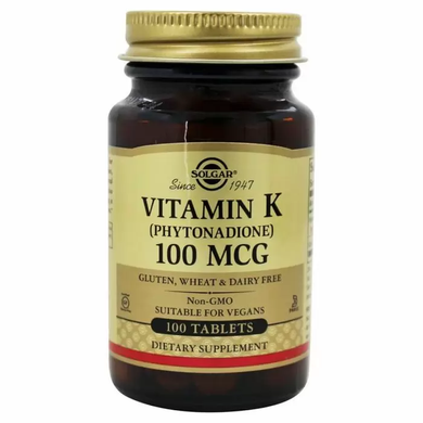 Витамин К, Vitamin K, Solgar, 100 мкг, 100 таблеток