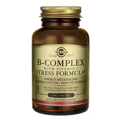 Вітаміни групи В + С, B-Complex, Solgar, стрес формула, 100 таблеток
