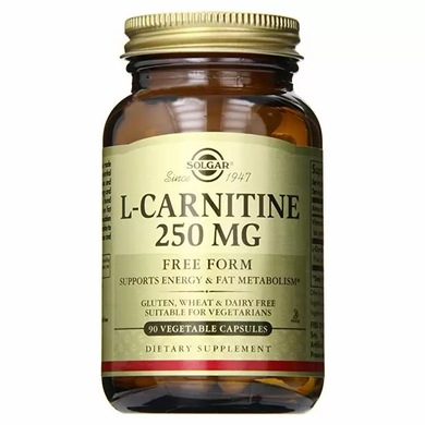Л карнітин, L-Carnitine, Solgar, вільна форма, 250 мг, 90 вегетаріанських капсул
