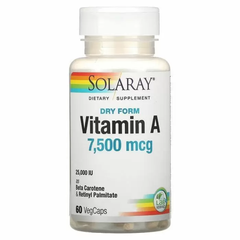 Витамин А, Dry Vitamin A, Solaray, 7500 мкг, 60 вегетарианских капсул