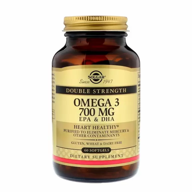 Рыбий жир, Омега 3 (Omega-3), Solgar, двойная сила, 700 мг, 60 капcул