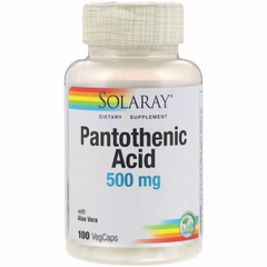 Пантотеновая кислота, Pantothenic Acid, Solaray, 500 мг, 100 вегетарианских капсул