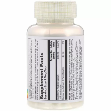 Пантотенова кислота, Pantothenic Acid, Solaray, 500 мг, 100 вегетаріанських капсул