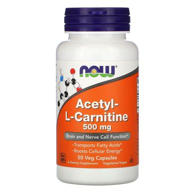 Ацетил-L-карнитин 500 мг, Acetyl-L-Carnitine 500 mg, NOW Foods – 50 веганских капсул